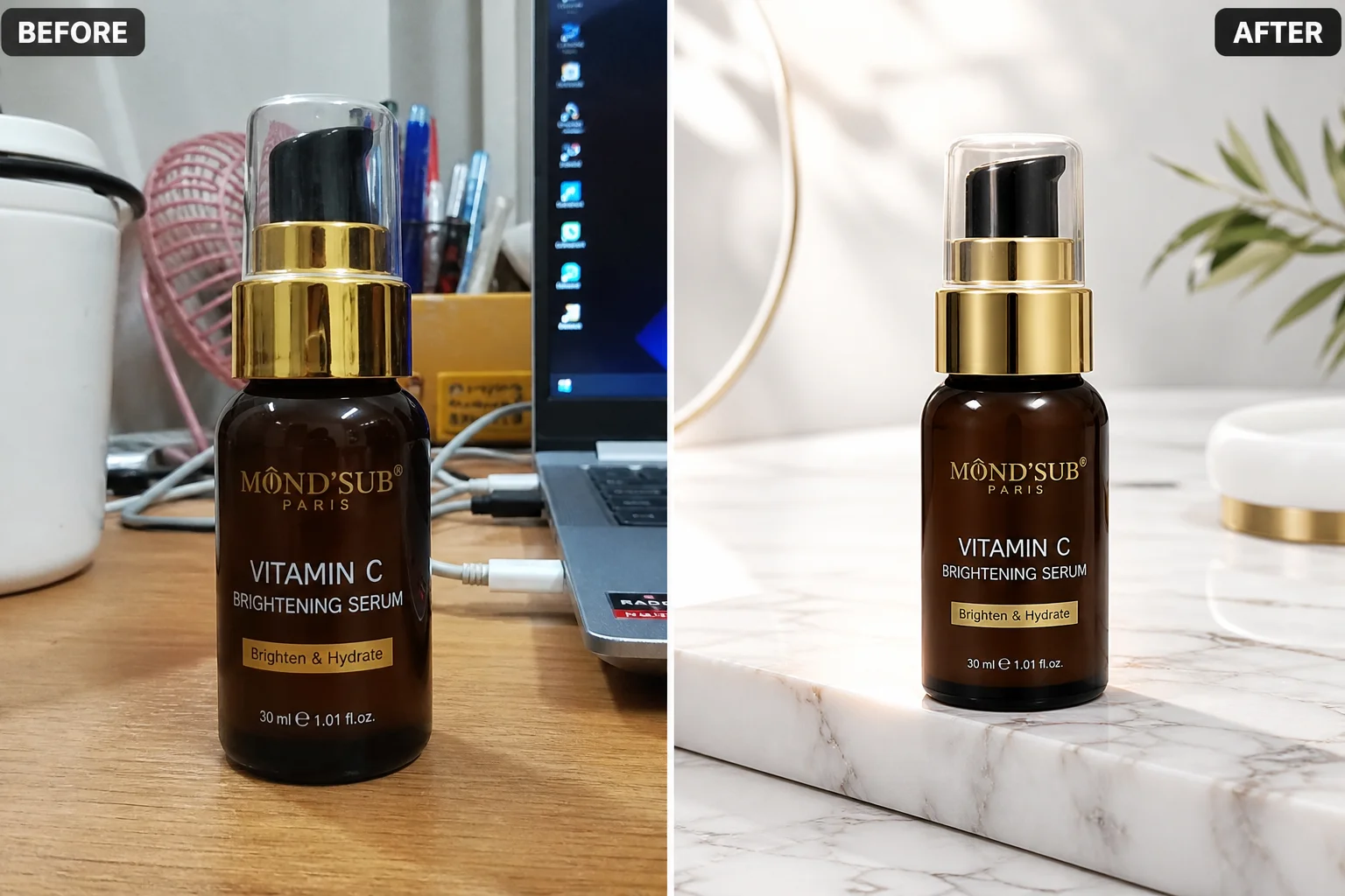 Before and after comparison of AI product photography transformation showing a basic photo enhanced with AI backgrounds and lighting