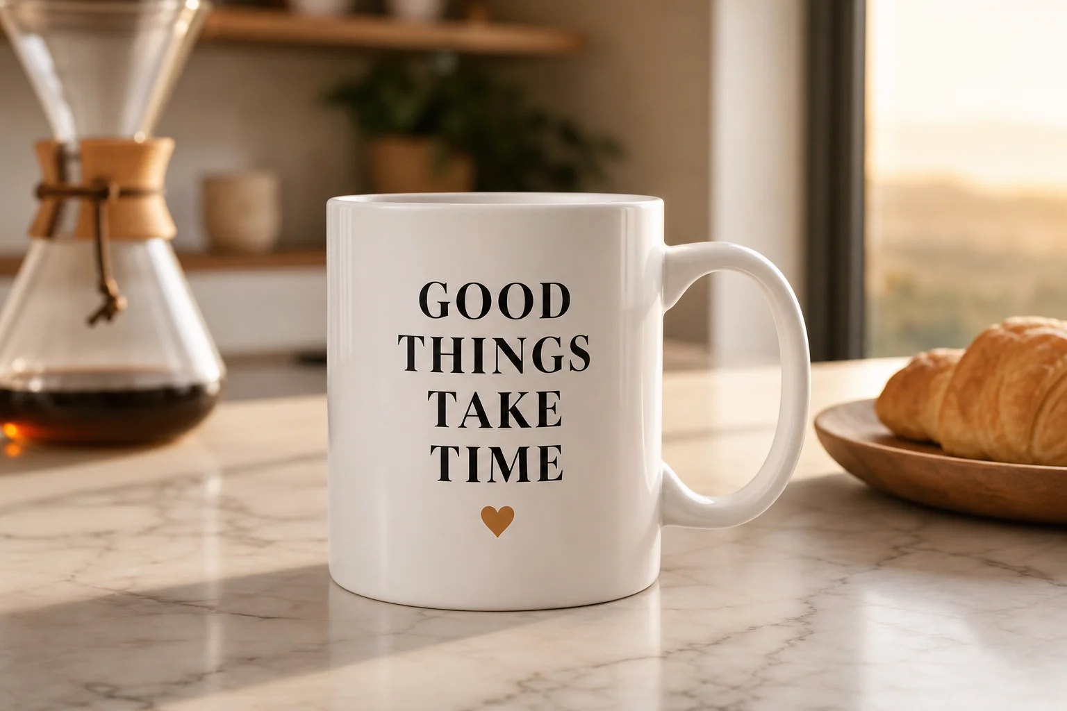 AI-generated product photography showing a ceramic coffee mug on marble countertop with professional lighting