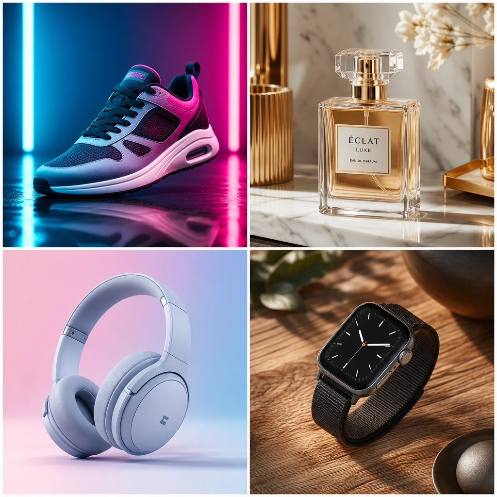 Collage of four AI-generated product photography examples showing sneakers, perfume, headphones, and smartwatch in different styled settings