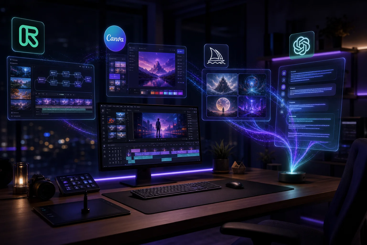 AI Tools for Content Creators 2026 — Hero banner showing a modern creator workspace with holographic AI interfaces for video, design, and writing