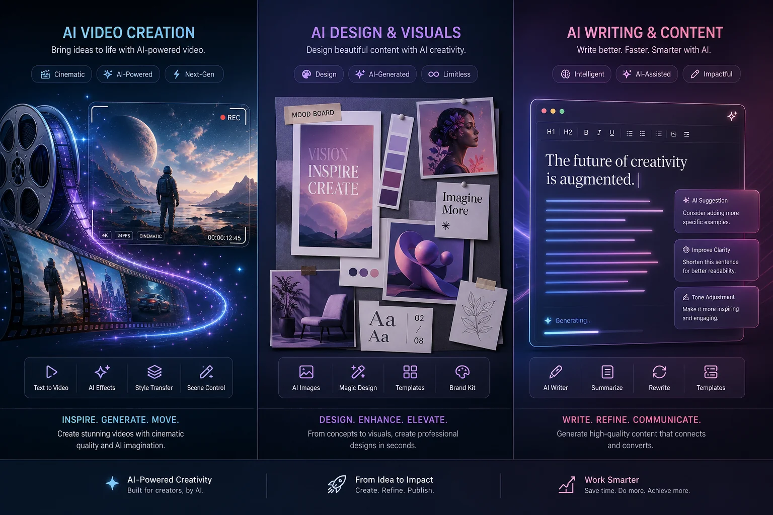 AI tools comparison across video, design, and writing categories — three panels showing the best tools for each content type