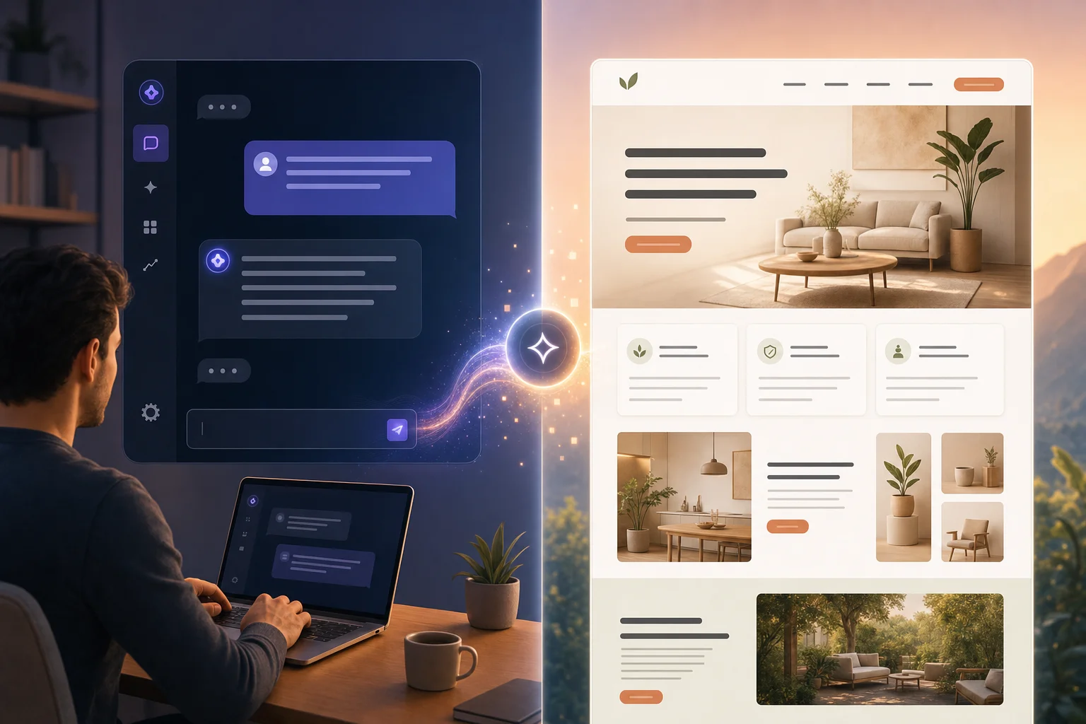 Illustration of AI website building from chat to published site