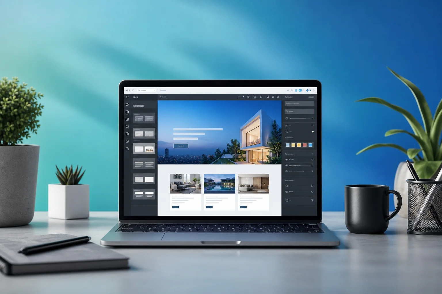 Modern workspace with laptop displaying an AI website builder interface